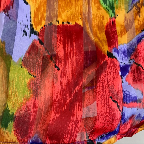 Vintage Floral Blouse Sheer Stripe Vibrant Colors Rolled Collar Eclectic Pleats - Picture 8 of 16